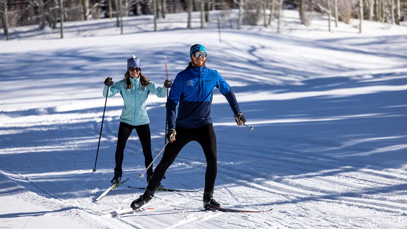 White Pine Guide leading a Nordic ski lesson at the White Pine Nordic Center in Park City, UT.