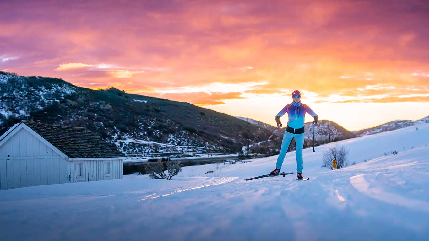White Pine Touring guide skate skiing on the White Pine Nordic track in Park City, UT.