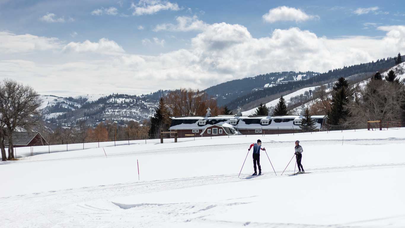 An instructor gives a lesson to a client on the Nordic track in Park City, UT