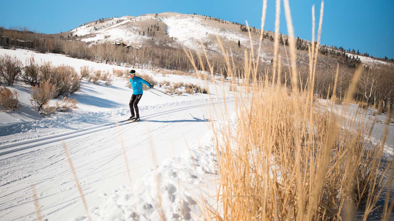 A Nordic skier skate skis on a snowy track in front of plants in Park City, UT.